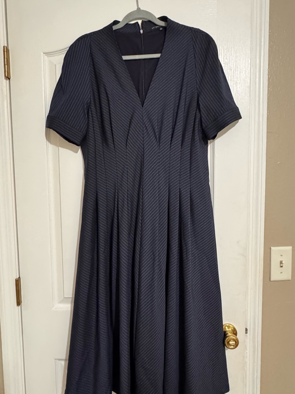 ANTONIO MELANI Navy Pinstripe V‑Neck Midi Dress